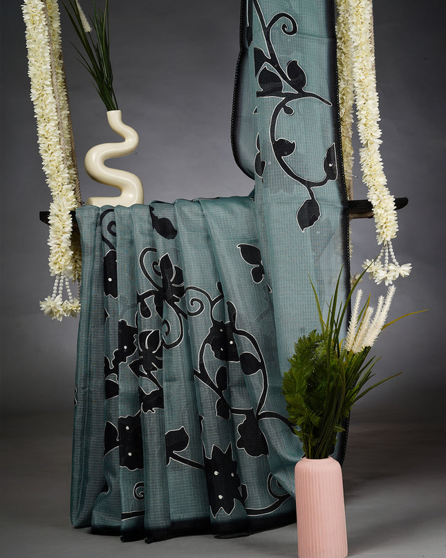 Kota Silk Saree with Floral Print and Ari Work with Lace Border- Mint Green