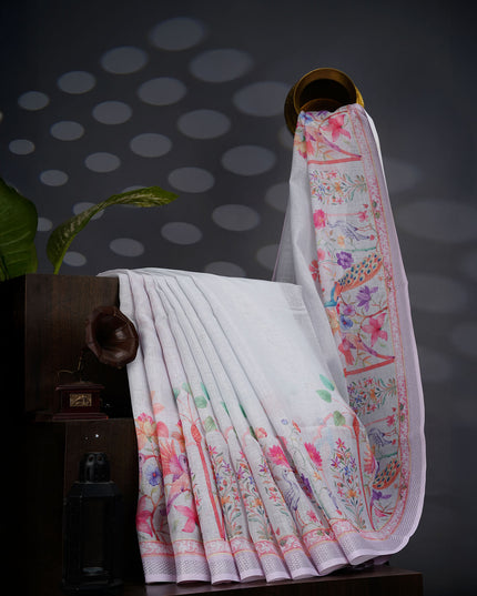 Linen Tissue Saree With Floral Print - Off White