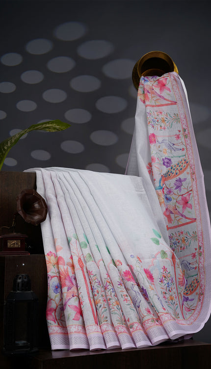 Linen Tissue Saree With Floral Print - Off White