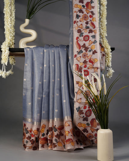 Tissue Kota Silk with Gold Butties and Contrast Floral Print Border- Grey