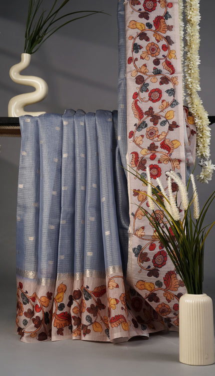 Tissue Kota Silk with Gold Butties and Contrast Floral Print Border- Grey