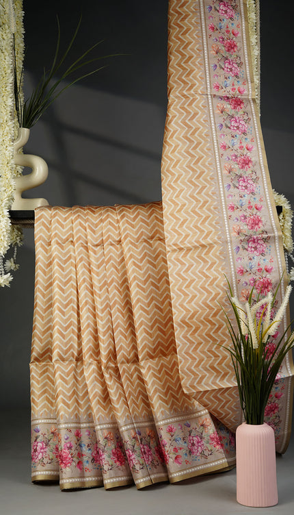 Tusser Silk Saree with Floral Print Border- Mustard