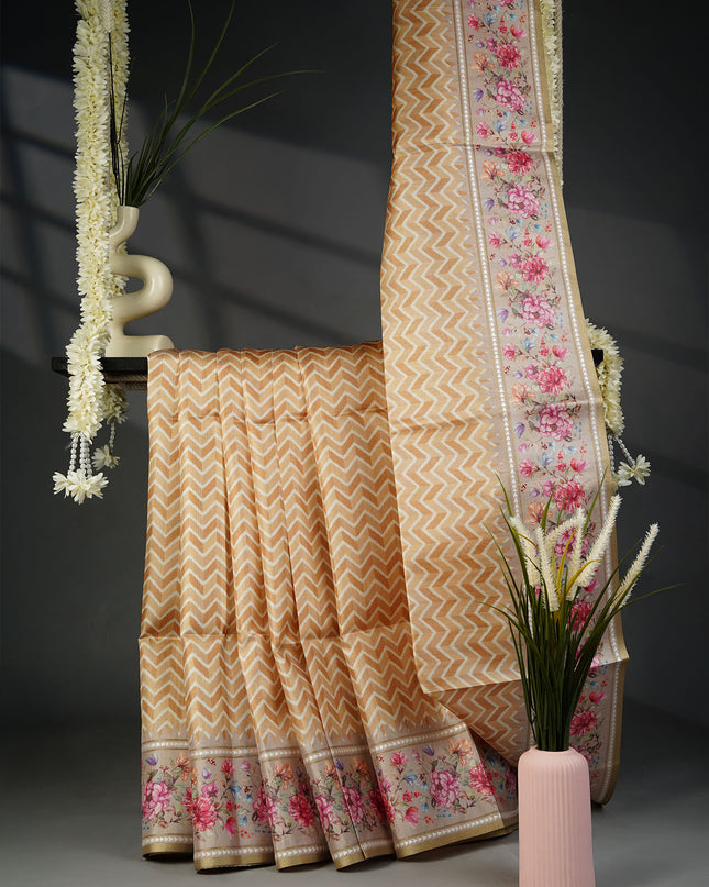Tusser Silk Saree with Floral Print Border- Mustard