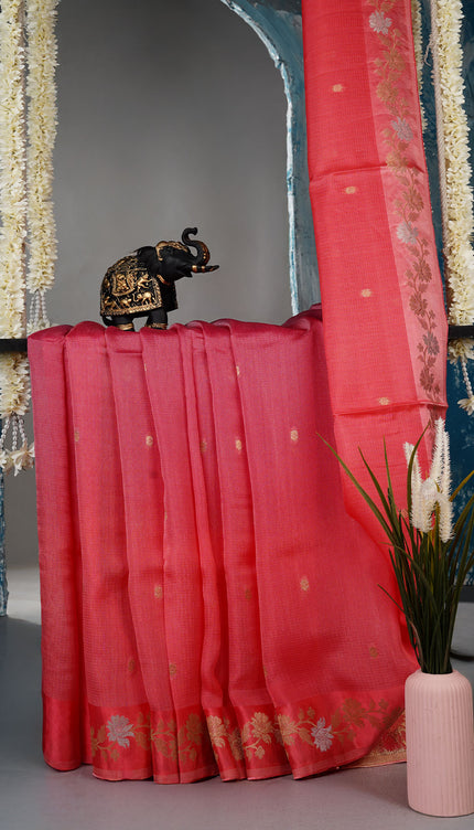 Manipur kota sarees with Golden Butties & Satin Border - Pink