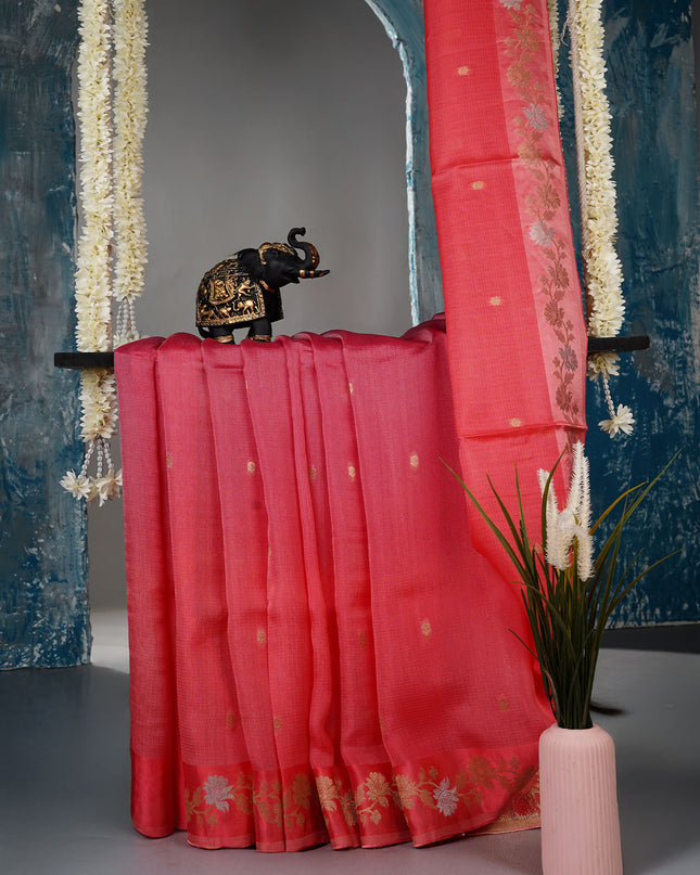 Manipur kota sarees with Golden Butties & Satin Border - Pink