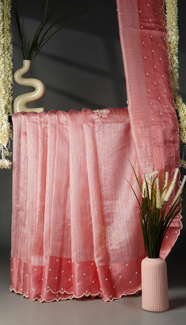 Jute Tusser Silk Saree with Satin Border and Pearl Work Butties- Pink