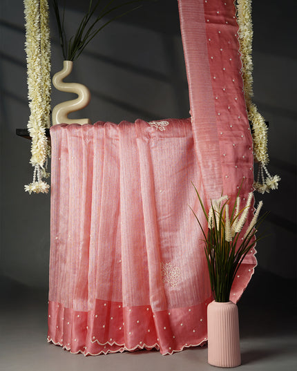 Jute Tusser Silk Saree with Satin Border and Pearl Work Butties- Pink