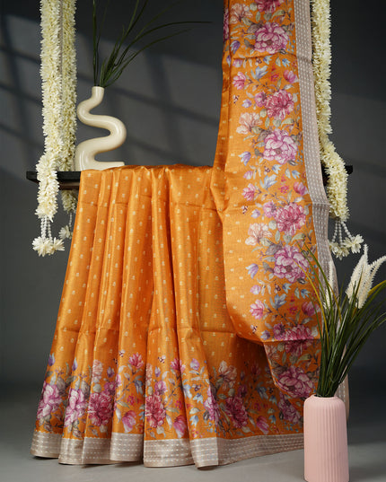 Tusser Silk Saree with Floral Print and Subtle Vertical Stripes and Small Delicate Motifs- Yellow