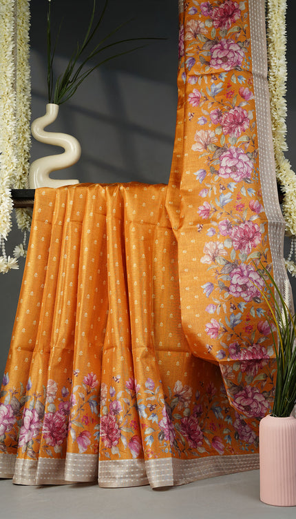 Tusser Silk Saree with Floral Print and Subtle Vertical Stripes and Small Delicate Motifs- Yellow