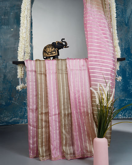 Soft Organza Silk with Zari Weaving Lines and Handwork Border - Baby Pink