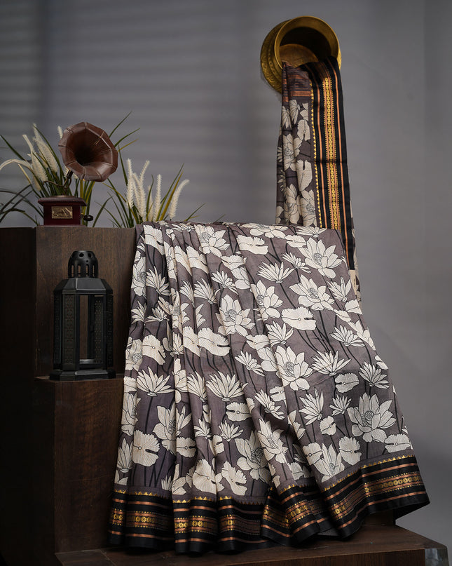 Mangalagiri Silk Digital Print Contrast Border - Grey