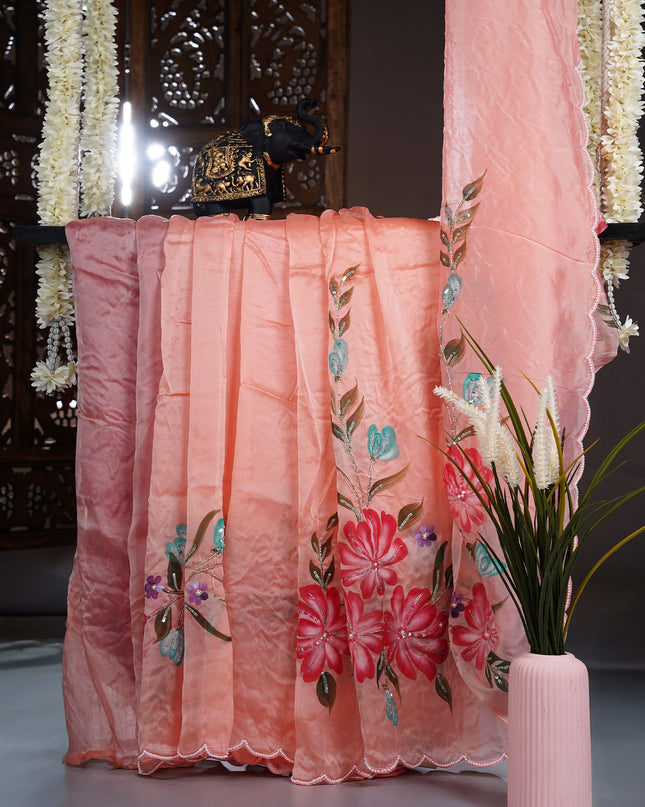 Italian Crape Saree with Floral Print and Kardhana  Pearl Work With Scallop Border- Peach