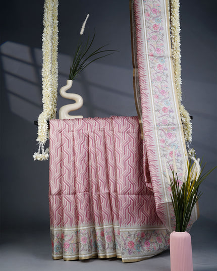 Tusser Silk Saree with Floral Print Border- Pink