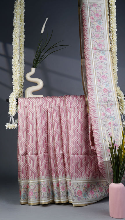 Tusser Silk Saree with Floral Print Border- Pink
