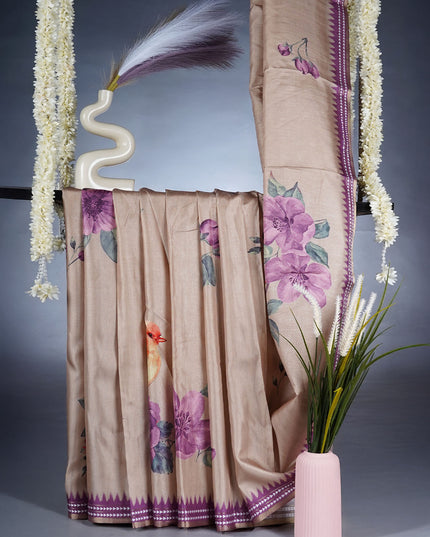 Semi Tusser Silk Saree With Floral Print and Contrast Border - Tan