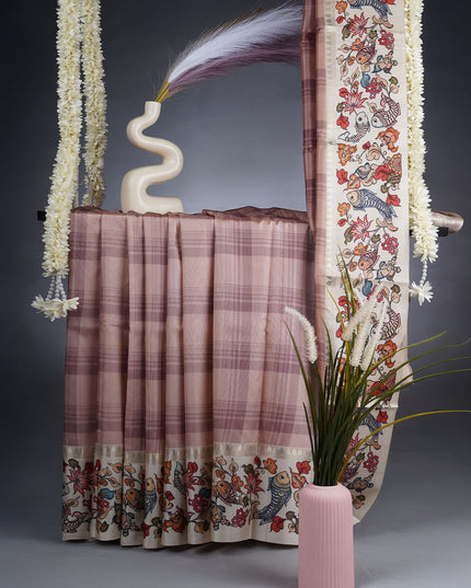 Semi Tusser Saree With Contrast Border - Peach