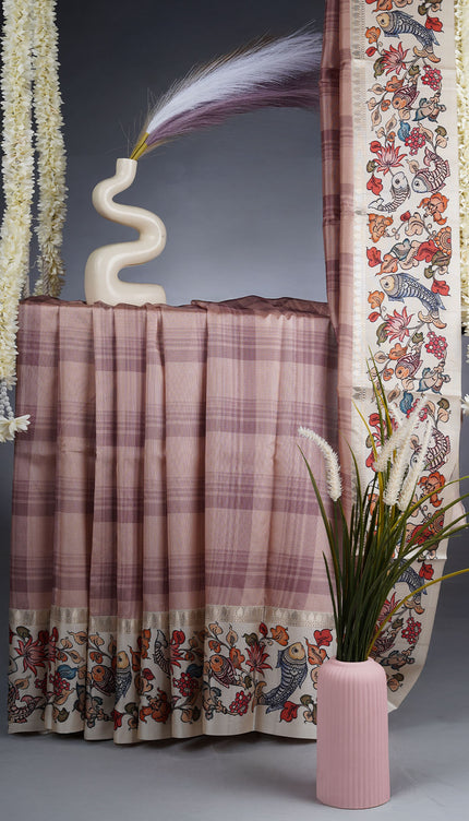 Semi Tusser Saree With Contrast Border - Peach