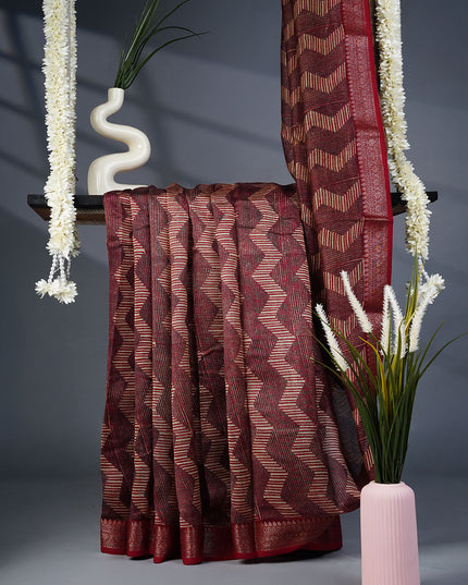 Chanderi Silk Saree with Ajrakh Print and Geometric Pattern- Maroon
