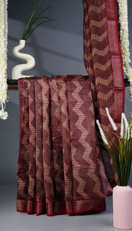 Chanderi Silk Saree with Ajrakh Print and Geometric Pattern- Maroon