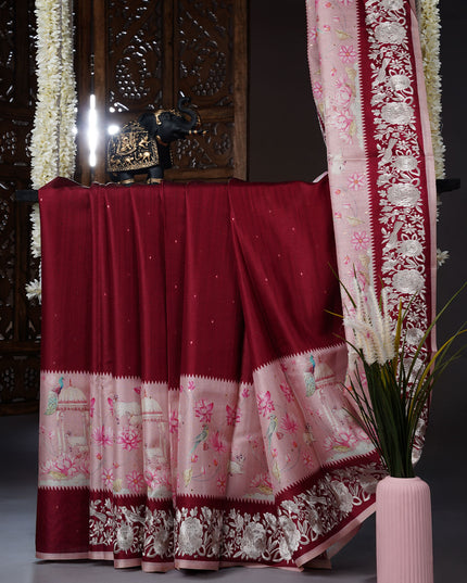 Tusser Silk saree with Parce Work Border - Maroon