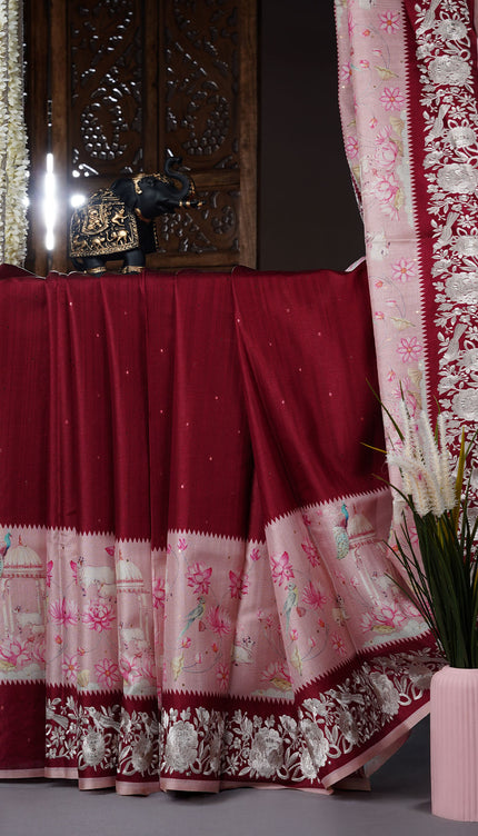 Tusser Silk saree with Parce Work Border - Maroon