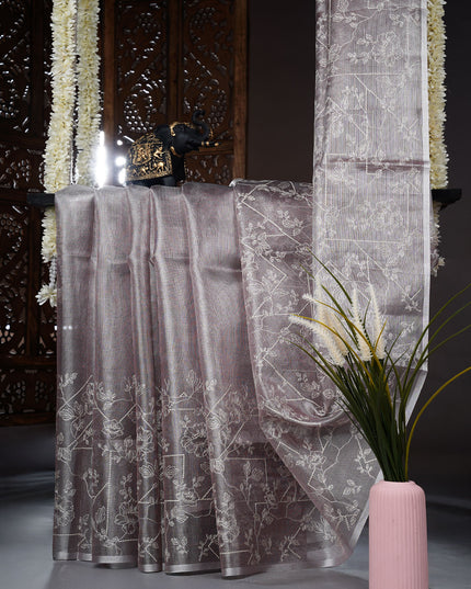 Tissue kota saree with thread work and silver border - Lavender