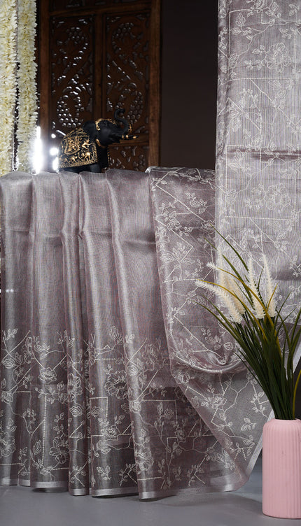 Tissue kota saree with thread work and silver border - Lavender
