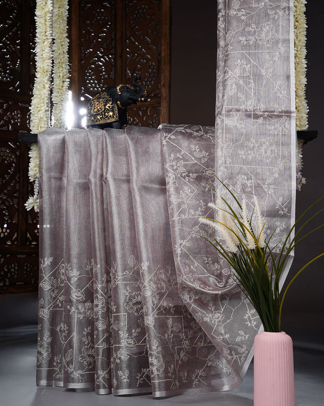 Tissue kota saree with thread work and silver border - Lavender