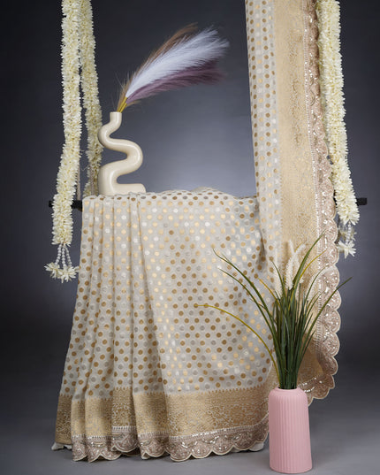 Banarasi Kaddi Georgette Saree With Gold & Silver Polka Dot With Scallop Border - White