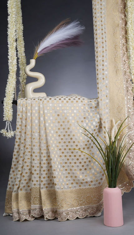 Banarasi Kaddi Georgette Saree With Gold & Silver Polka Dot With Scallop Border - White