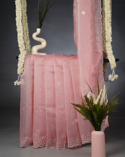 Tissue Linen Saree and Scallop Border and Peral Work -Baby Pink