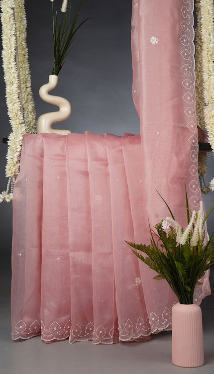 Tissue Linen Saree and Scallop Border and Peral Work -Baby Pink