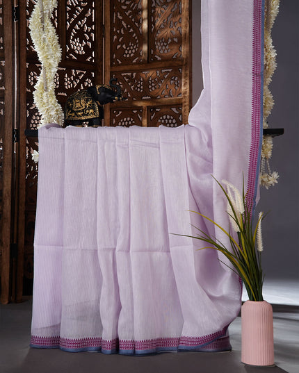 Mul cotton saree with  Allover stripes and contrast border - Lavender