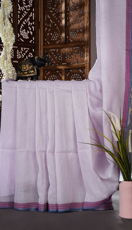 Mul cotton saree with  Allover stripes and contrast border - Lavender