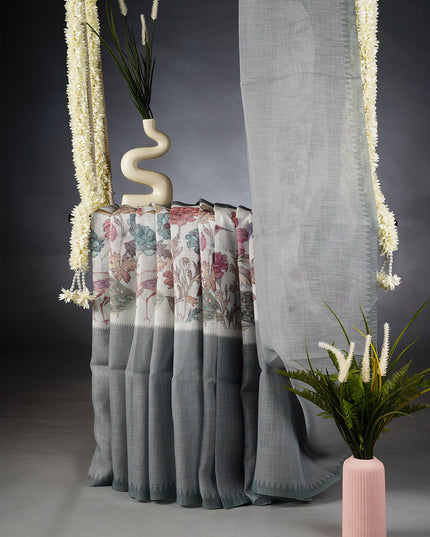 Linen Silk Saree with Floral Print and Contrast Border -Off White