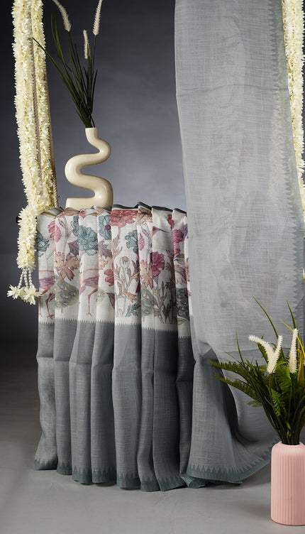 Linen Silk Saree with Floral Print and Contrast Border -Off White