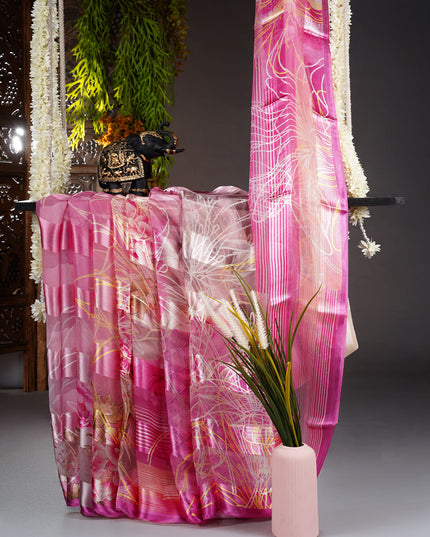Satin Saree with Floral Print- Magenta