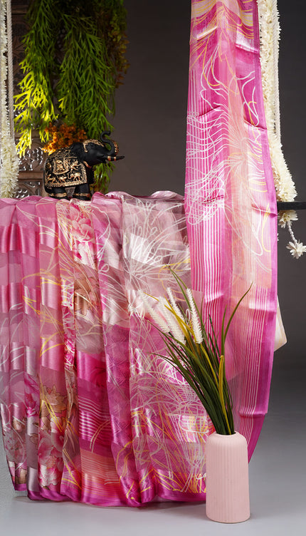 Satin Saree with Floral Print- Magenta