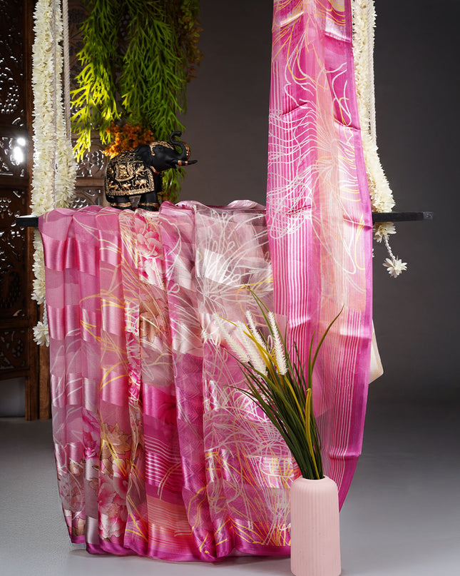 Satin Saree with Floral Print- Magenta