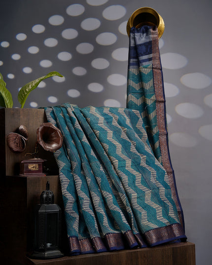 Muslin Silk Saree with Antique Zari Border- Rama Green