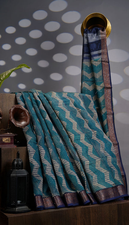 Muslin Silk Saree with Antique Zari Border- Rama Green
