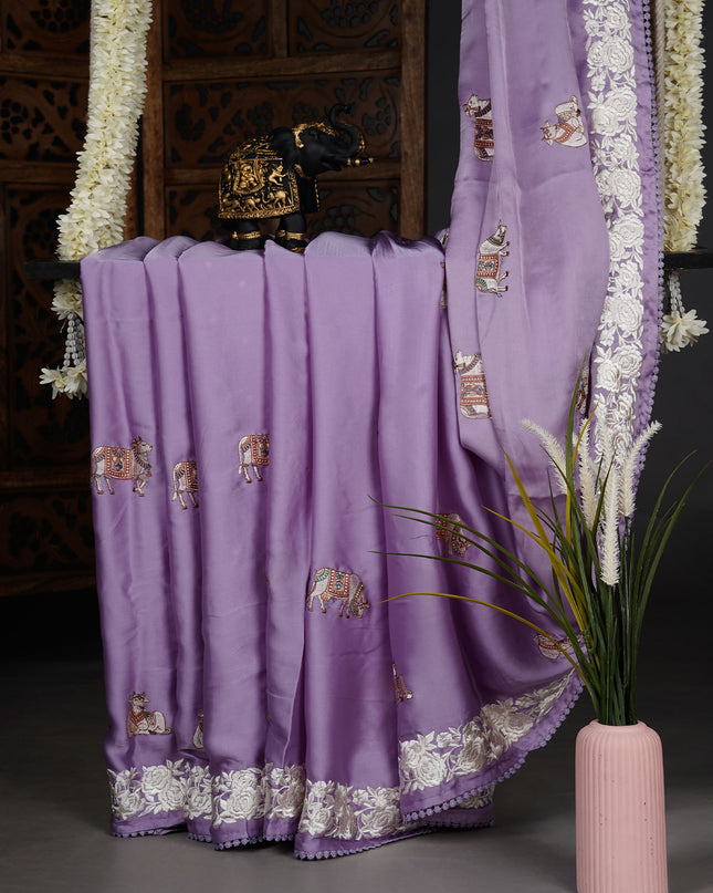 Mashru satin saree with pichwai butties and Parsi Work lace border - Lavender