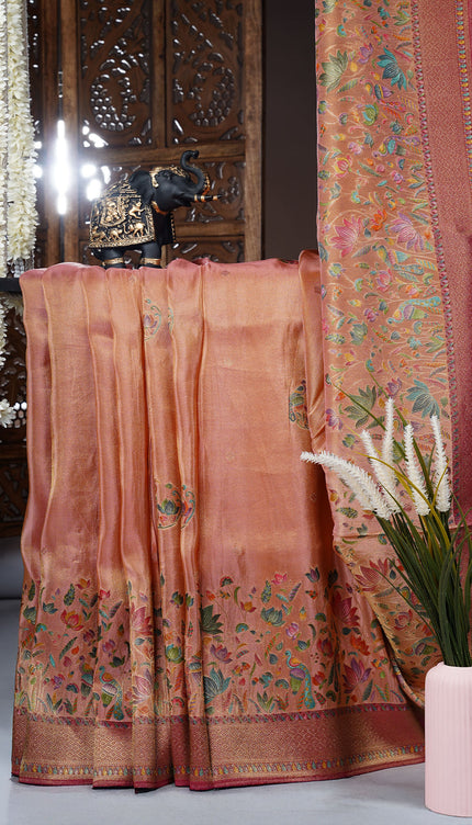Banaras Silk Saree with Allover Meenakari Weaving and contact Border- Onion Pink