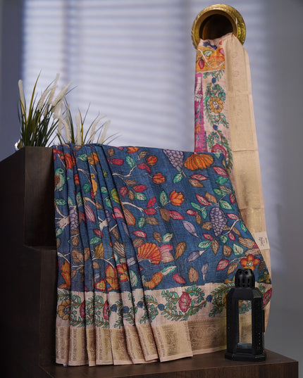 Tussar Kalamkari Print with Kanchi Border - Char Coal