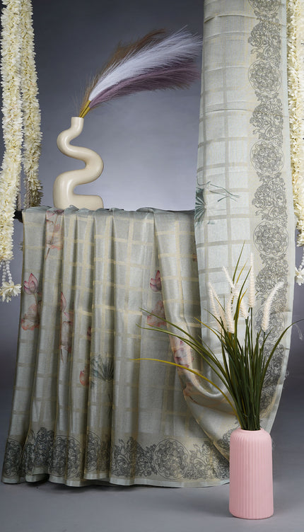 Tissue Georgette Saree With Digital Floral Print - Mint Green