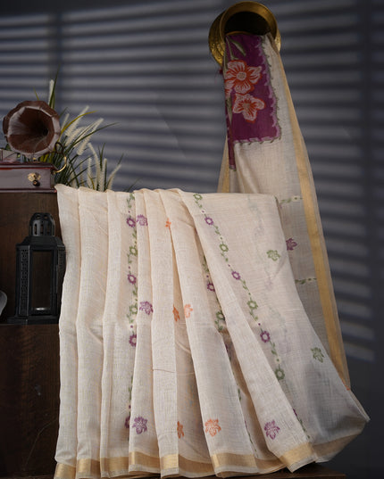 Kanchi Cotton Jamdani Weaving - Cream & Violet