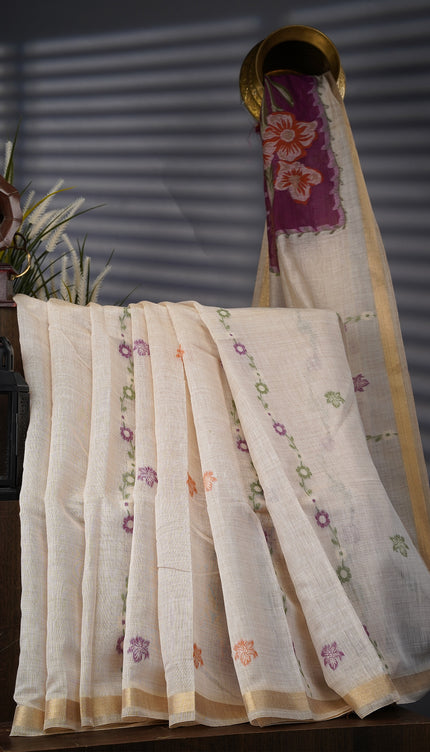 Kanchi Cotton Jamdani Weaving - Cream & Violet