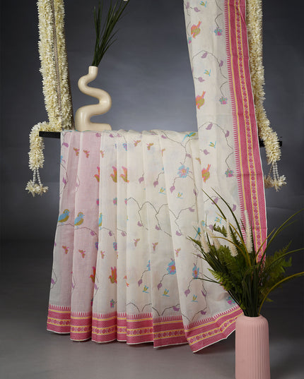 Handloom Cotton Saree Floral Print and Thread Weaving Border- Cream and Pink