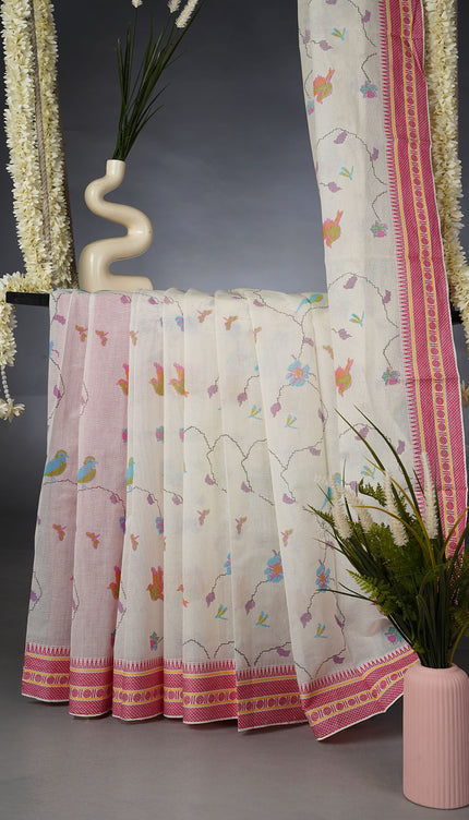 Handloom Cotton Saree Floral Print and Thread Weaving Border- Cream and Pink