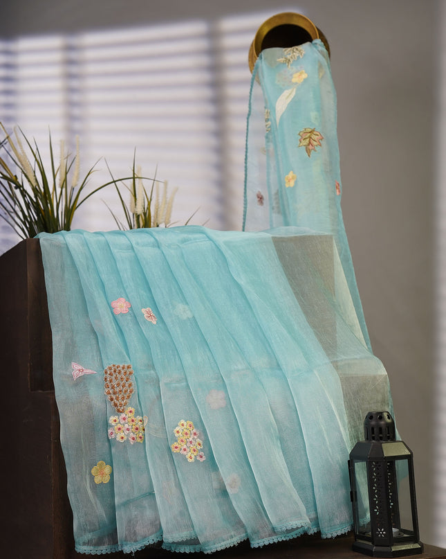 Tissue Organza Embossed Work Lace Border - Sky Blue